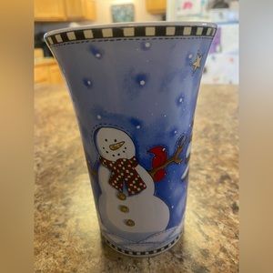 Tall Snowman Mug, Coffee/ Latte Mug Snowflakes and Stars, Mary Engelbreit Style